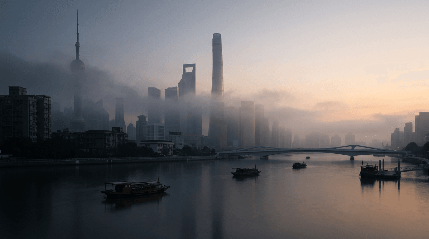 A Chinese metropolis skyline emerging through morning mist over the river